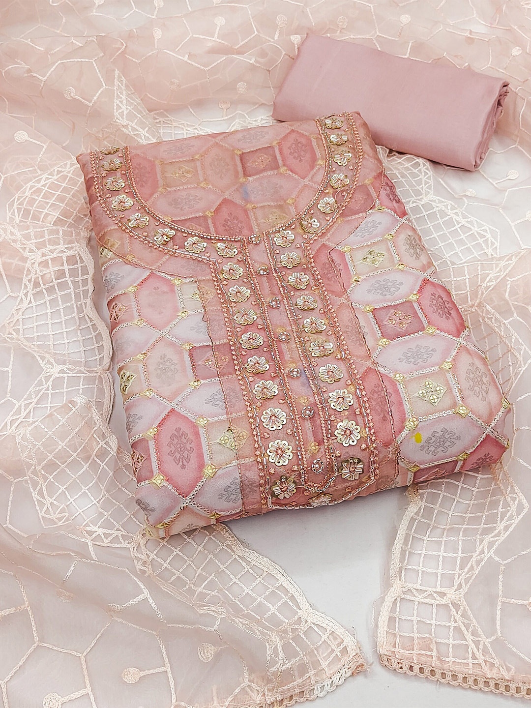 

MANVAA Embellished Organza Unstitched Dress Material, Pink