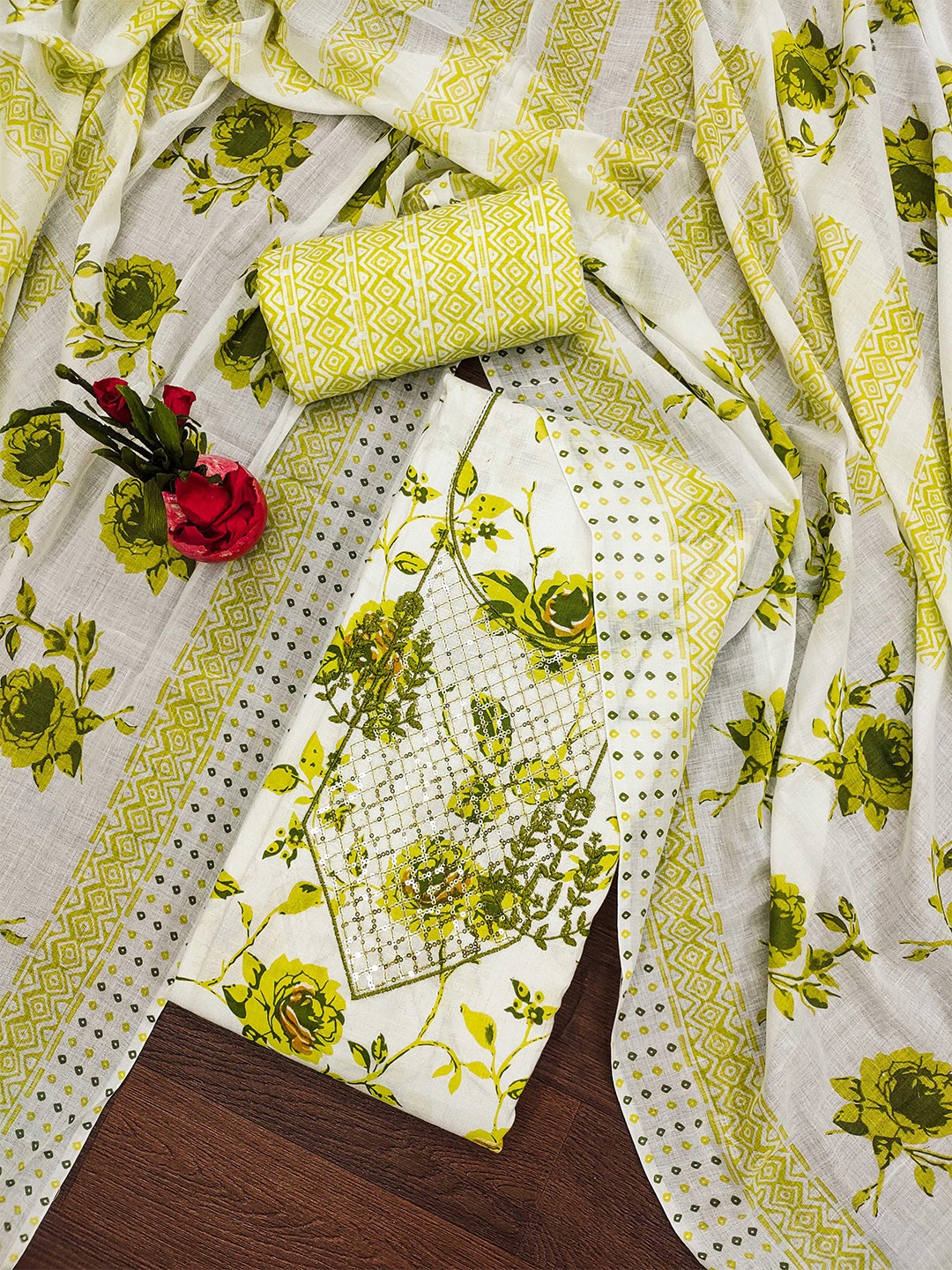 

MANVAA Floral Printed Unstitched Dress Material, Green
