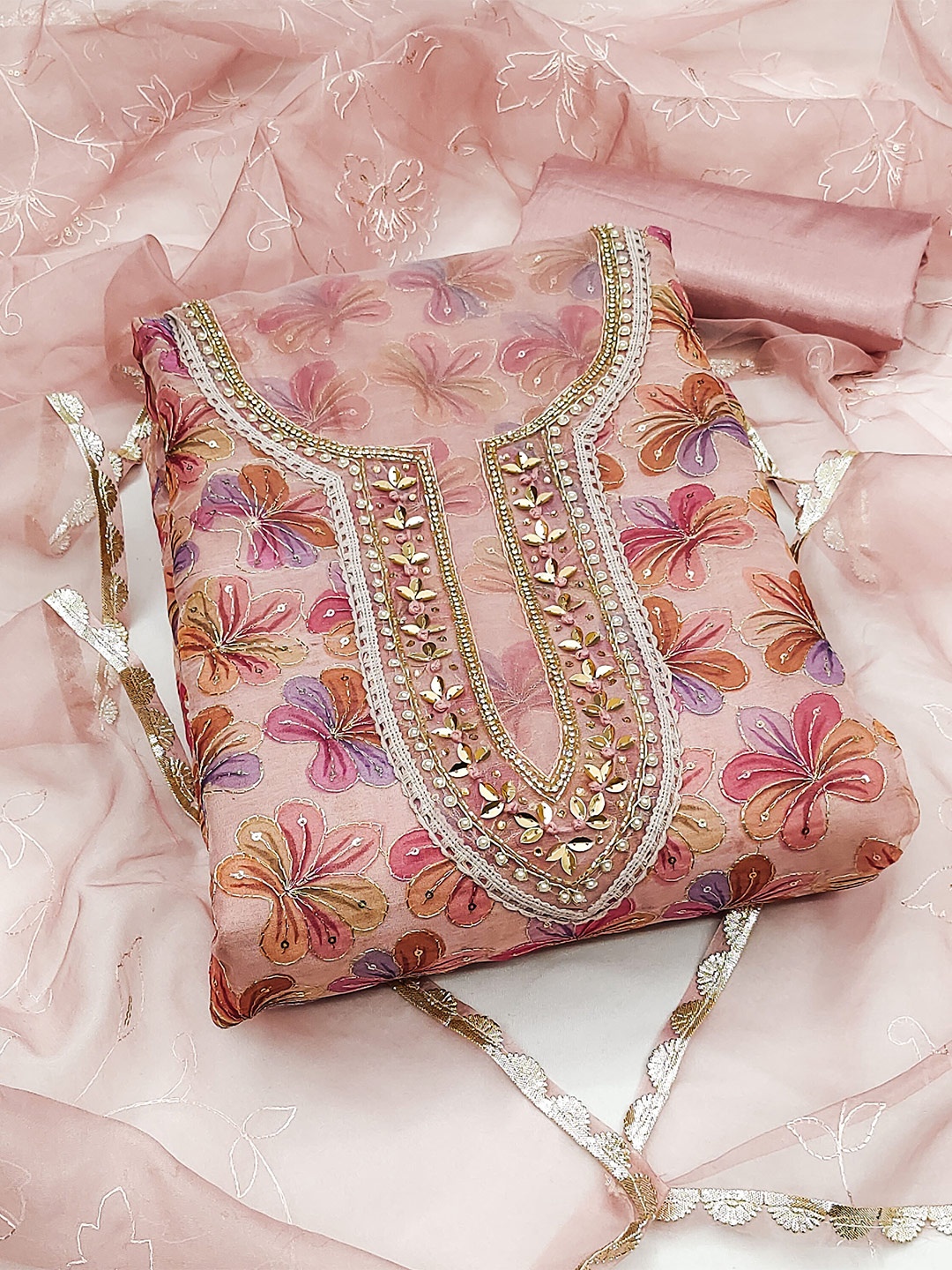 

MANVAA Floral Embellished Beads and Stones Unstitched Dress Material, Pink