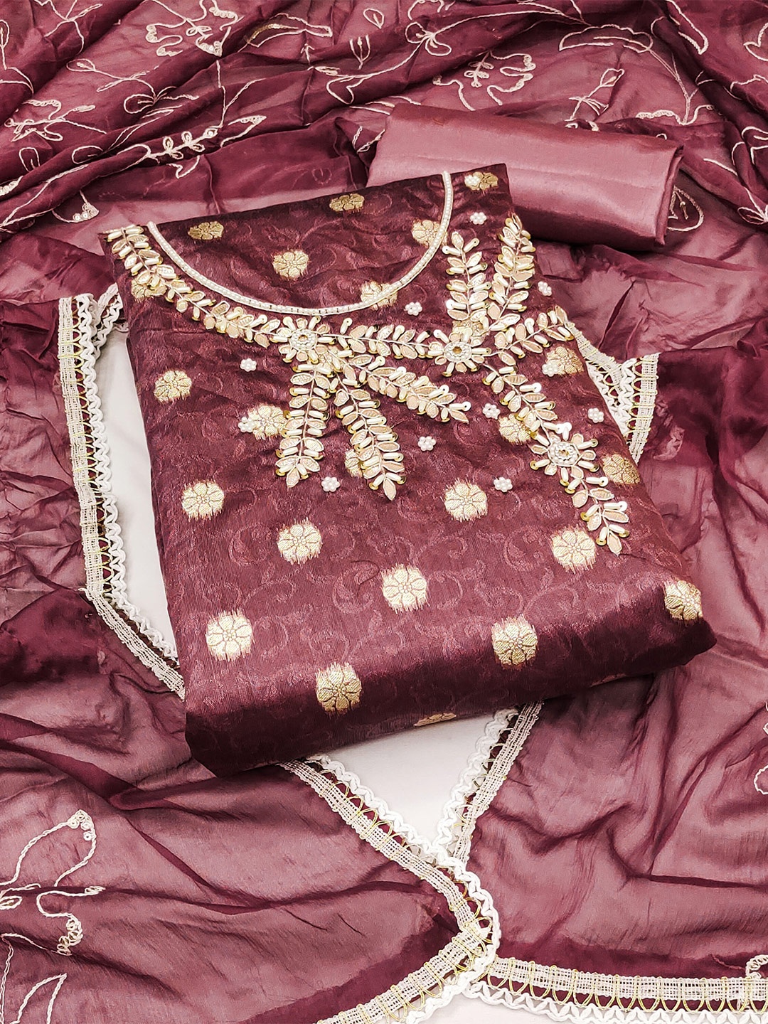 

MANVAA Embellished Unstitched Dress Material, Maroon