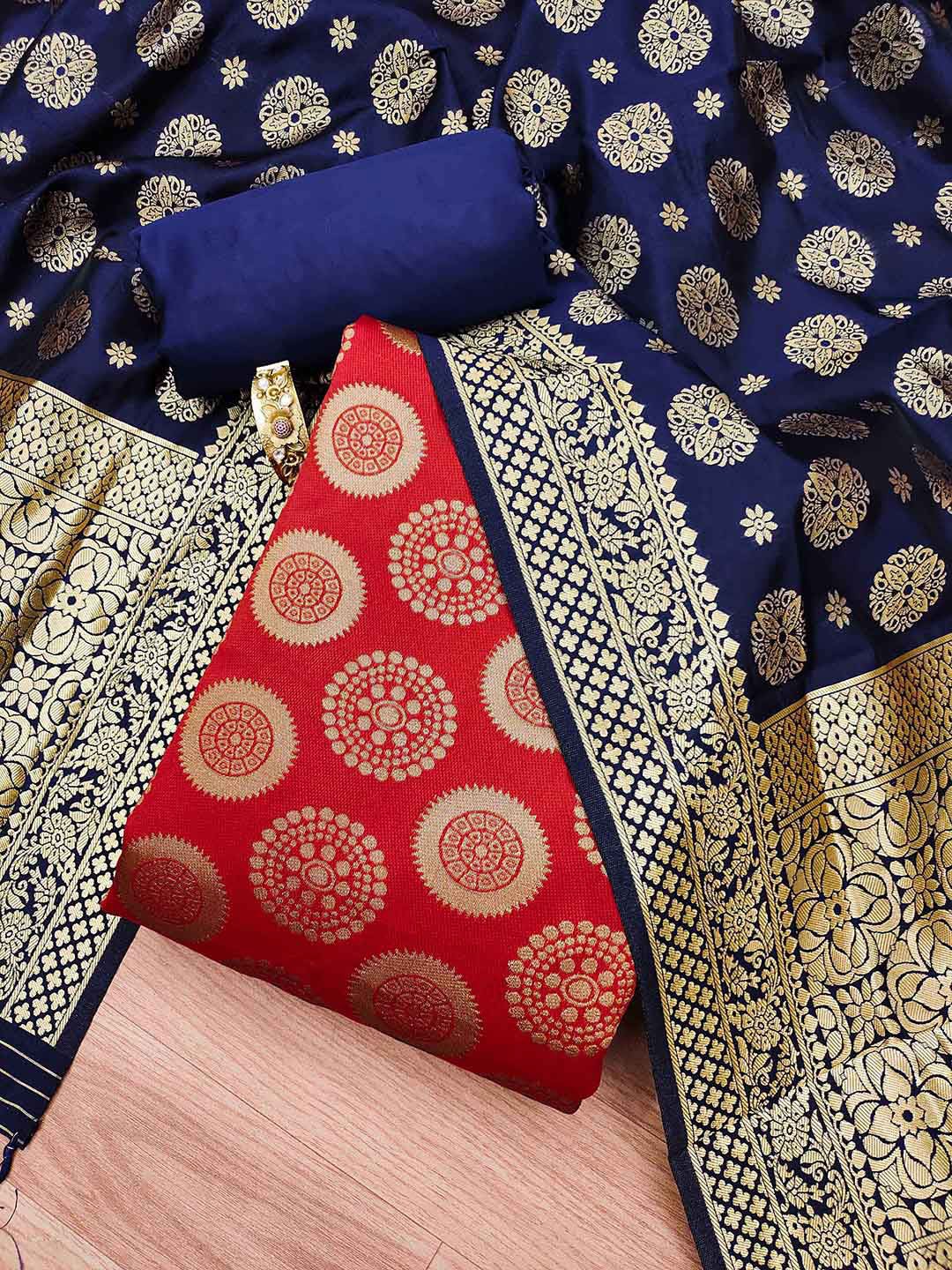 

MANVAA Floral Woven Design Unstitched Dress Material, Red