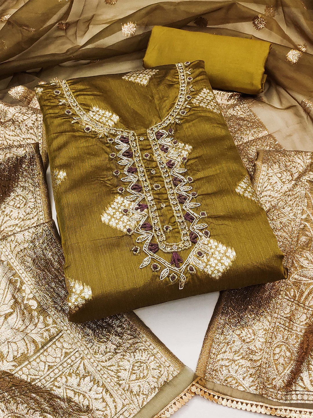 

MANVAA Floral Embellished Beads and Stones Unstitched Dress Material, Olive