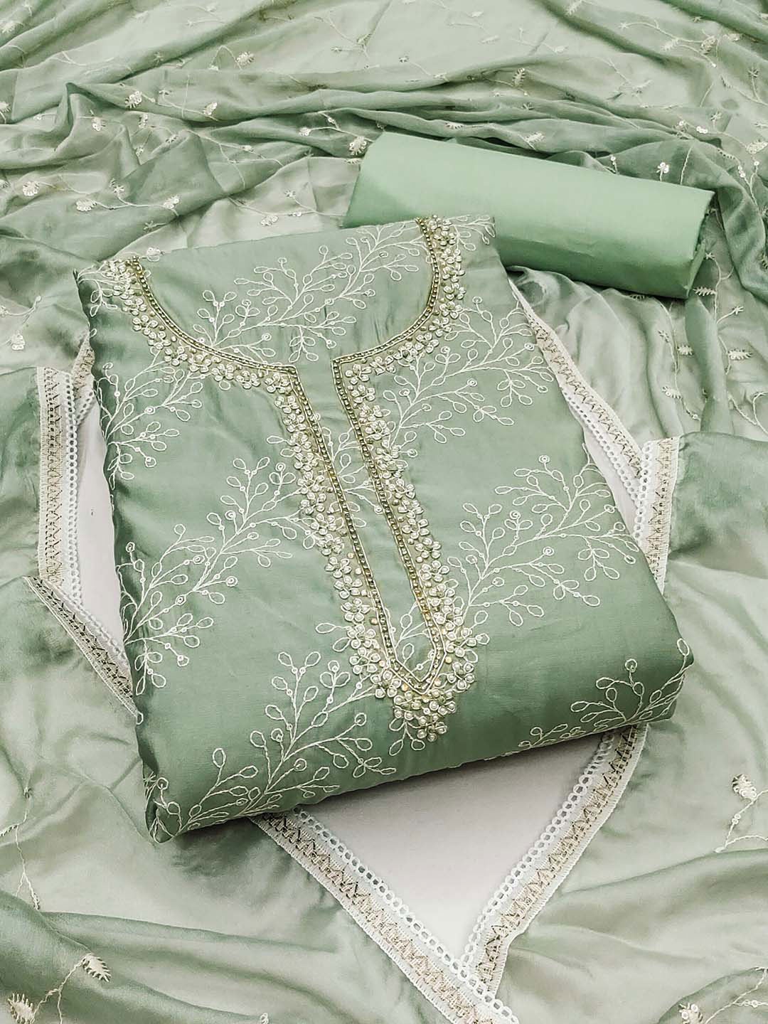 

MANVAA Floral Embellished Unstitched Dress Material, Sea green