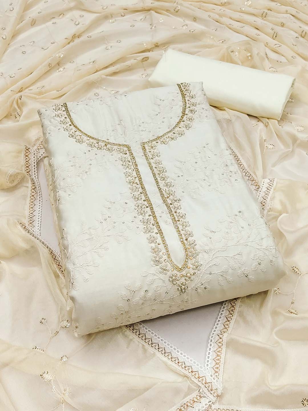 

MANVAA Embellished Unstitched Dress Material, White