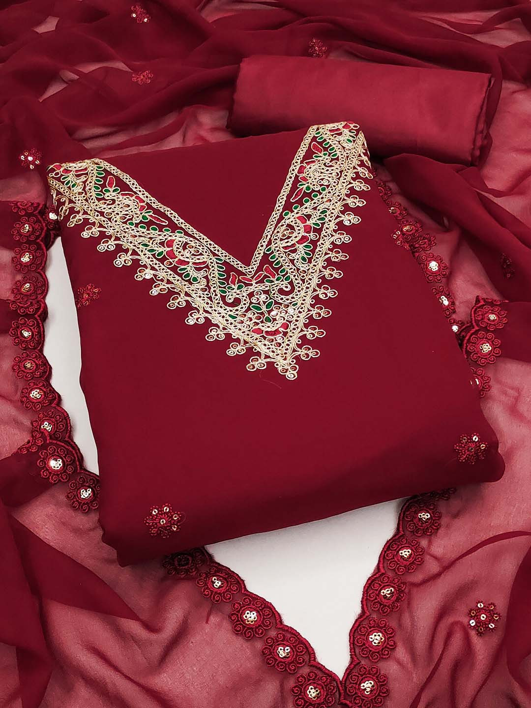 

MANVAA Embroidered Unstitched Dress Material, Maroon