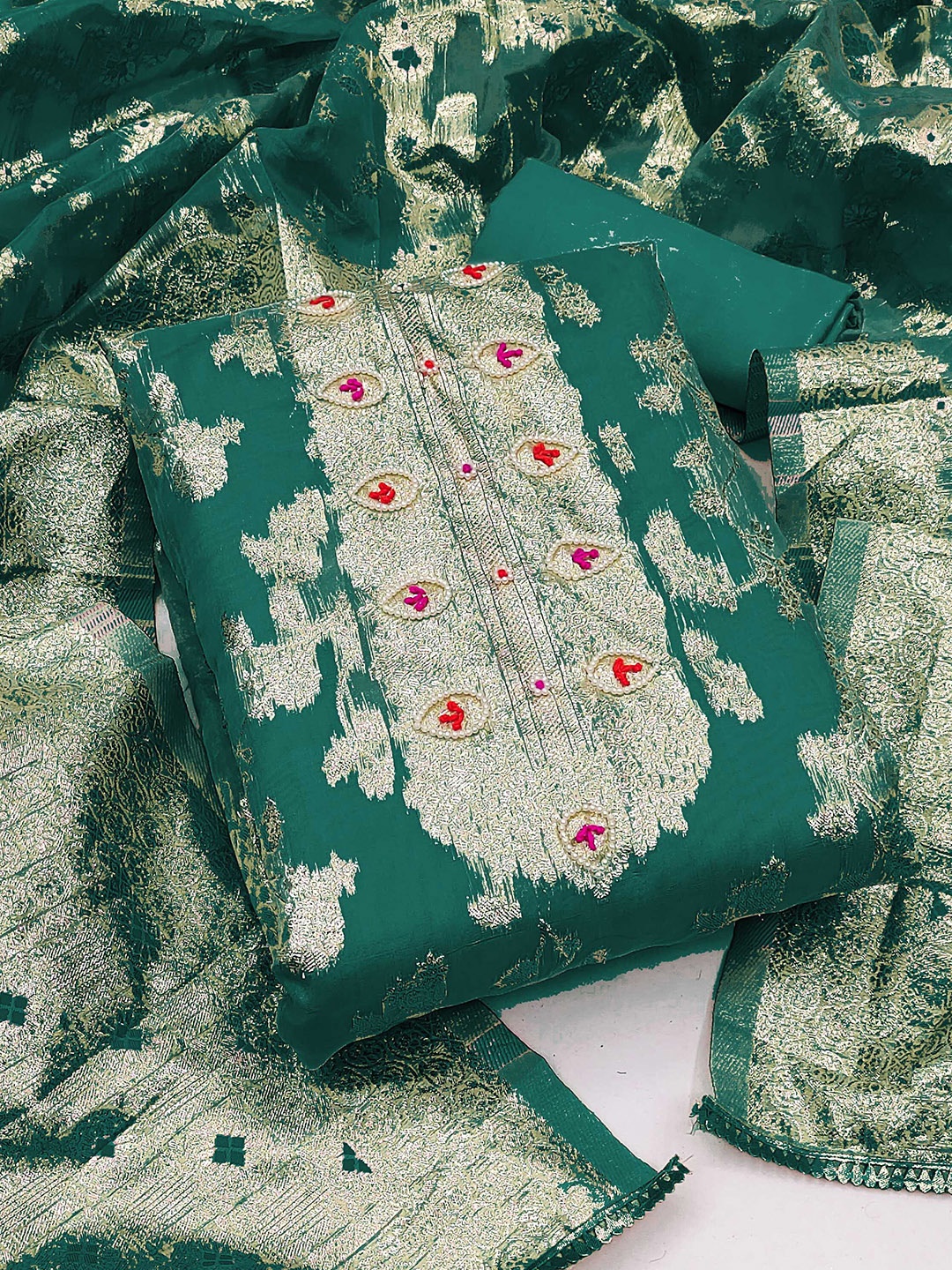 

MANVAA Embellished Organza Unstitched Dress Material, Sea green