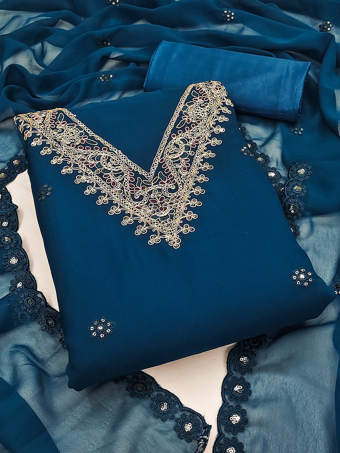 

MANVAA Embroidered Unstitched Dress Material, Blue