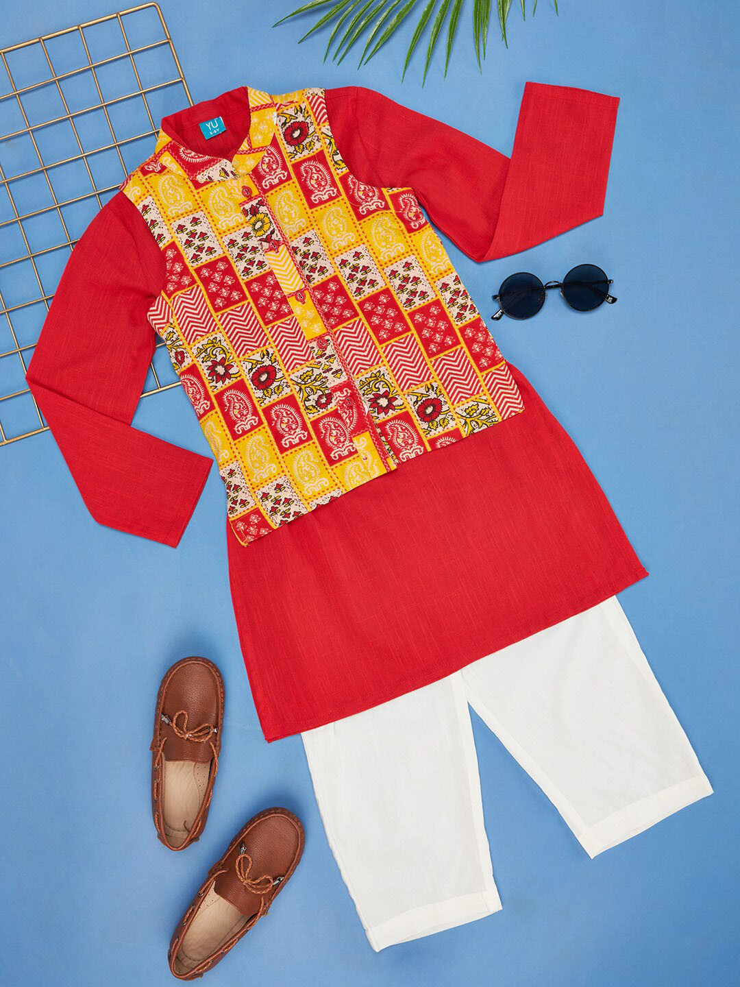 

YU by Pantaloons Boys Pure Cotton Straight Kurta With Pyjamas & Nehru Jacket, Red
