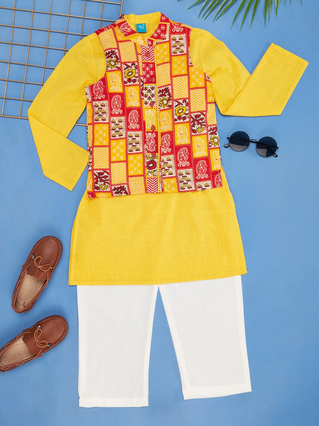 

YU by Pantaloons Boys Pure Cotton Straight Kurta With Pyjamas & Nehru Jacket, Yellow