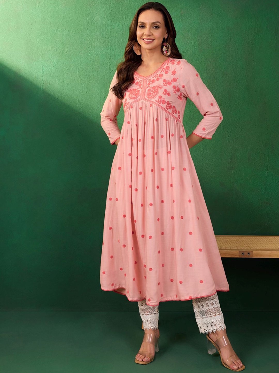 

Sangria Embroidered V-Neck Empire Anarkali Kurta, Peach