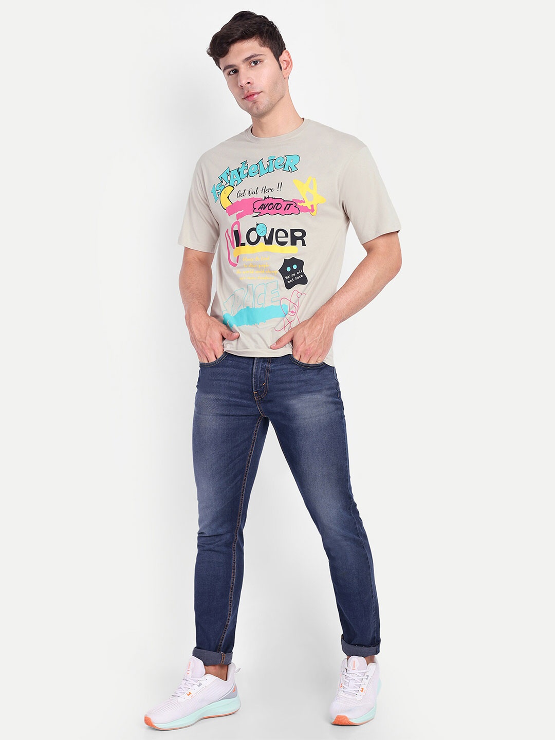 

REPRISE Typography Printed Round Neck Oversized T-shirt, Beige