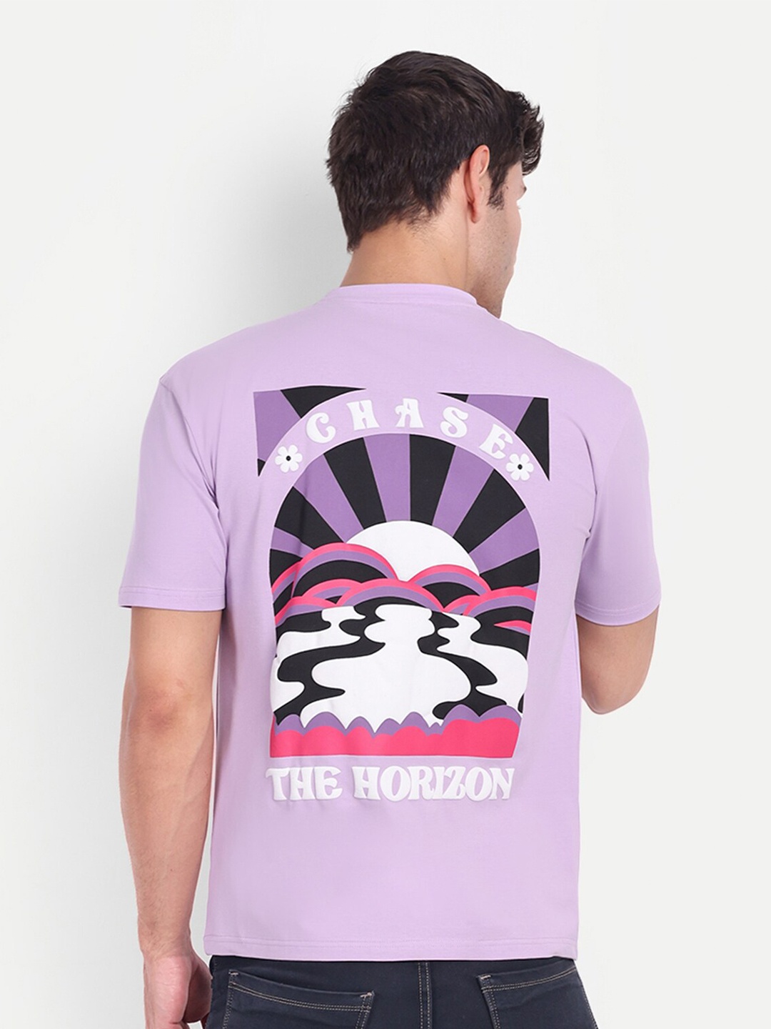 

REPRISE Graphic Printed Round Neck Cotton Oversized T-shirt, Lavender