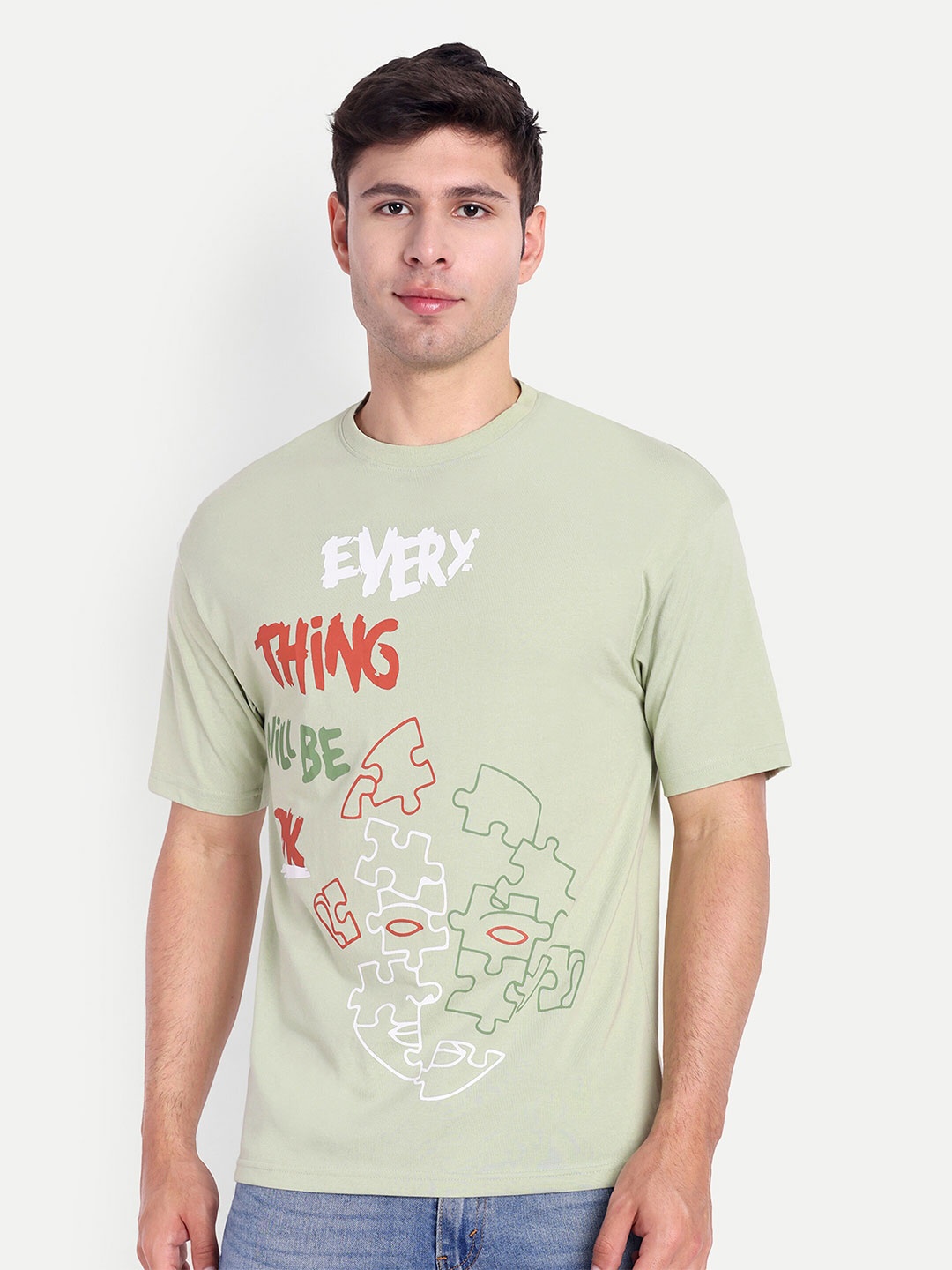 

REPRISE Typography Printed Round Neck Oversized T-shirt, Green