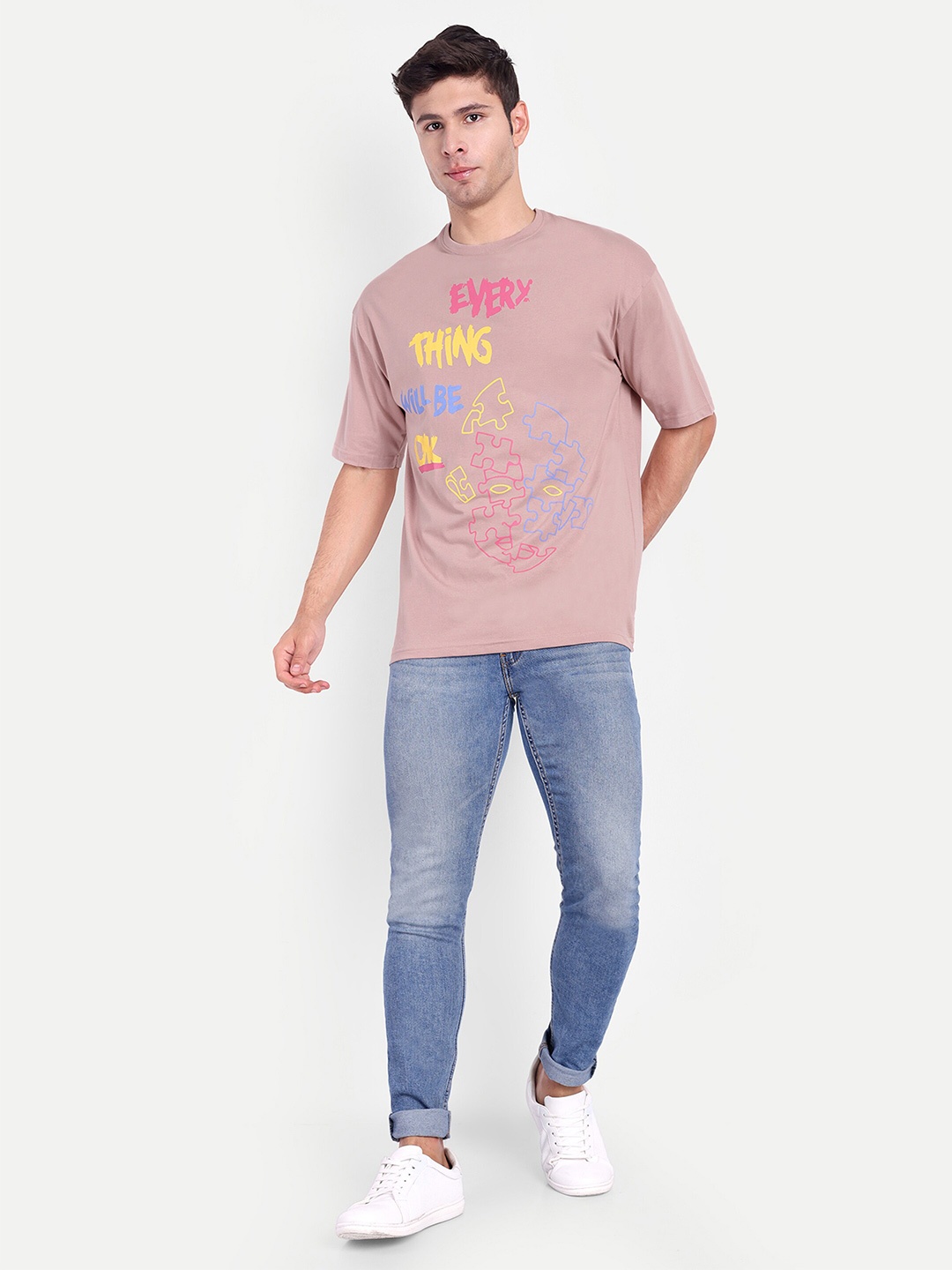 

REPRISE Printed Round Neck Short Sleeves Cotton T-shirt, Peach