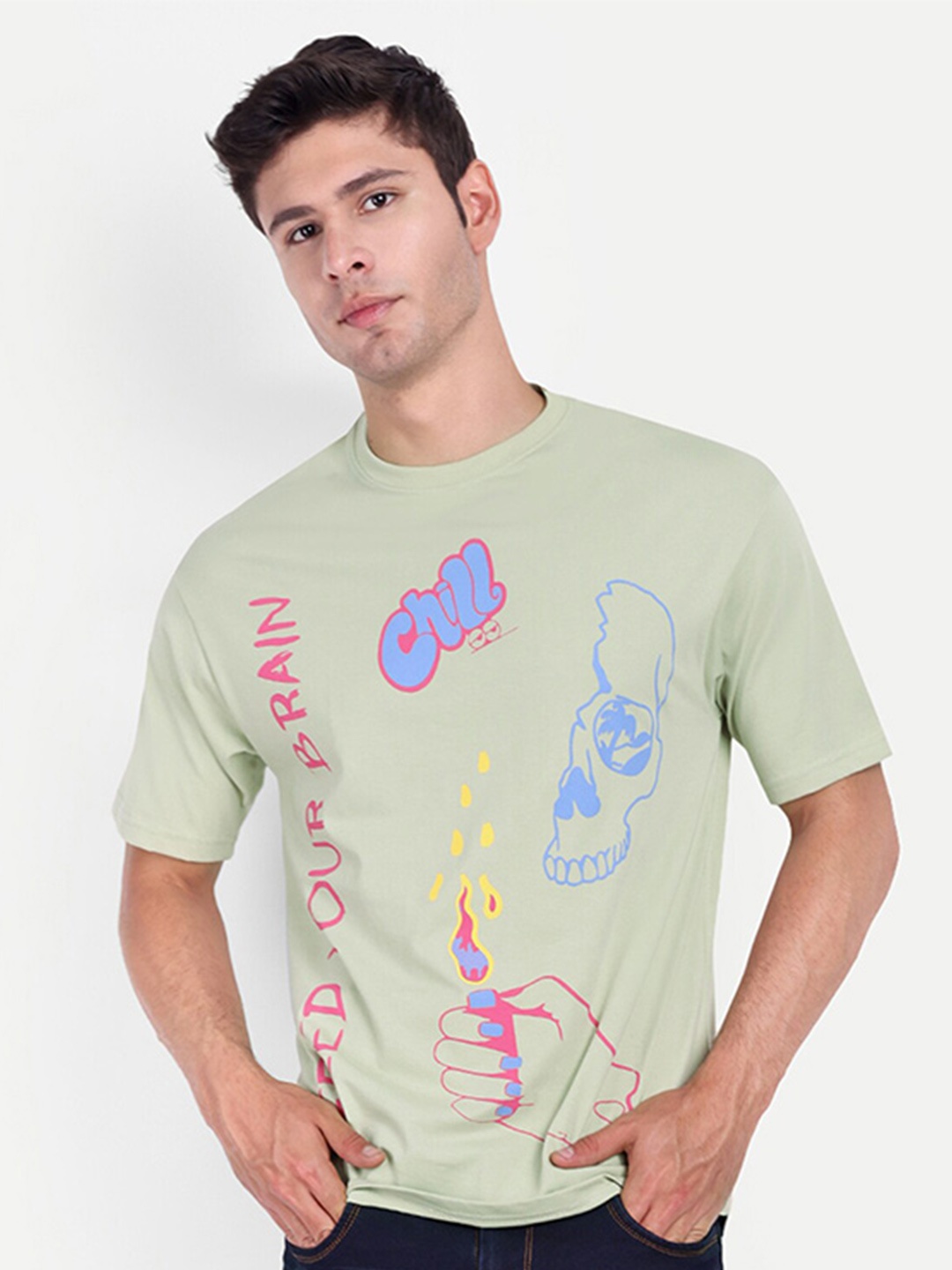 

REPRISE Typography Printed Round Neck Oversized T-shirt, Green