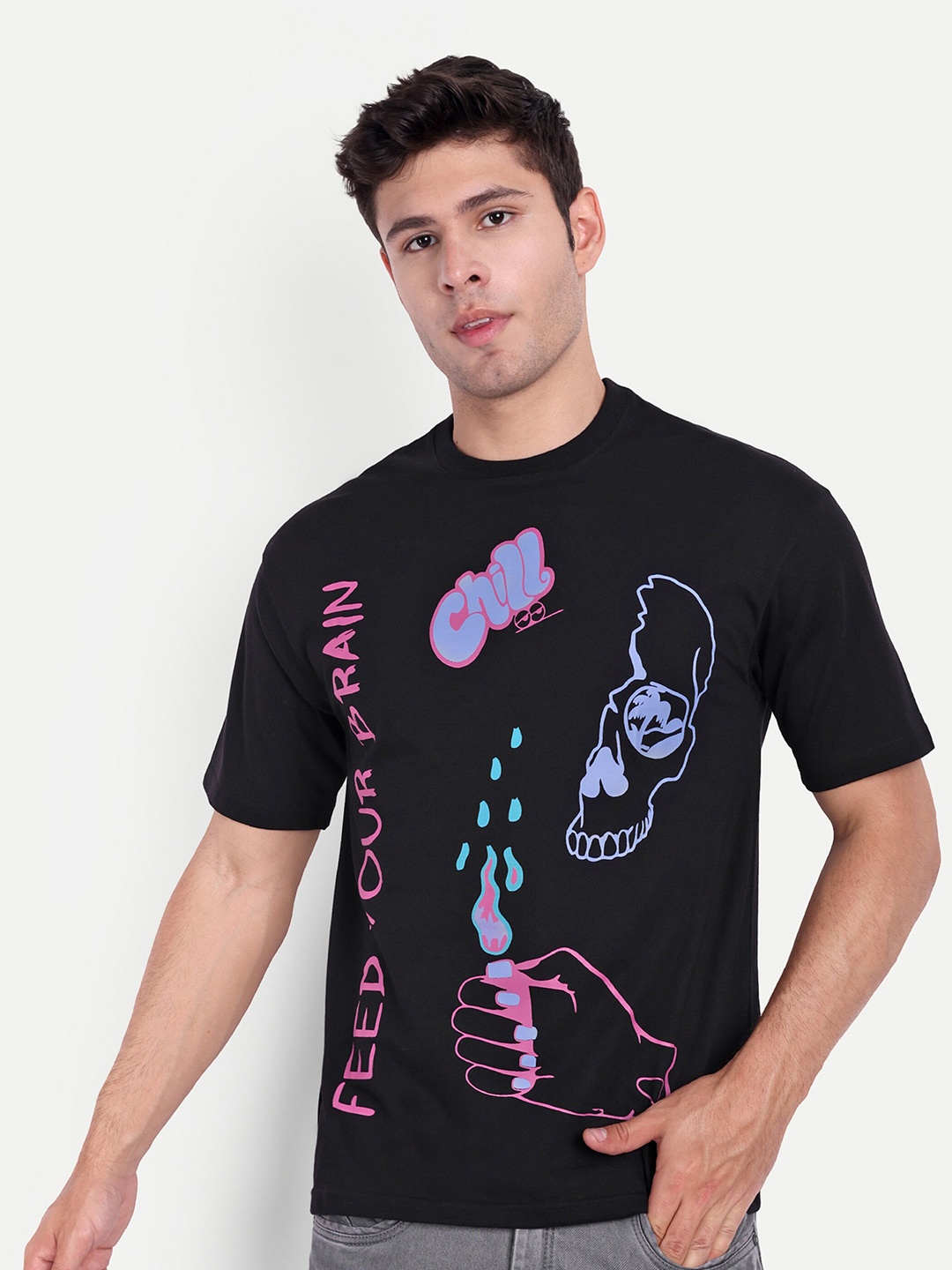

REPRISE Typography Printed Round Neck Oversized T-shirt, Black