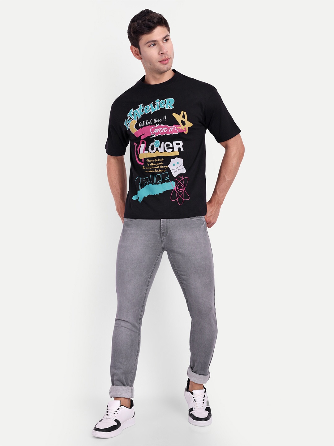 

REPRISE Typography Printed Round Neck Short Sleeves Cotton T-shirt, Black