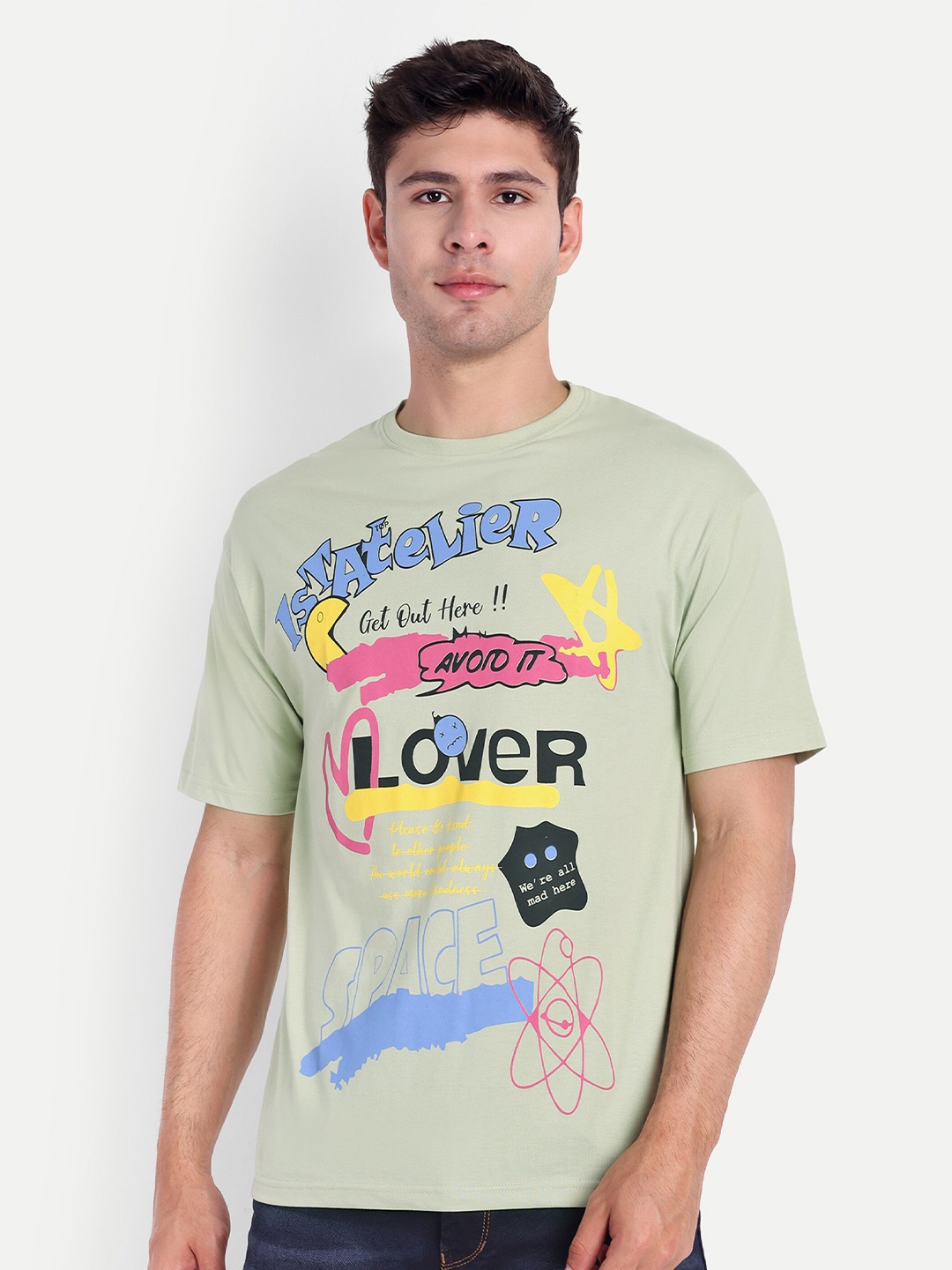 

REPRISE Typography Printed Round Neck Oversized T-shirt, Green
