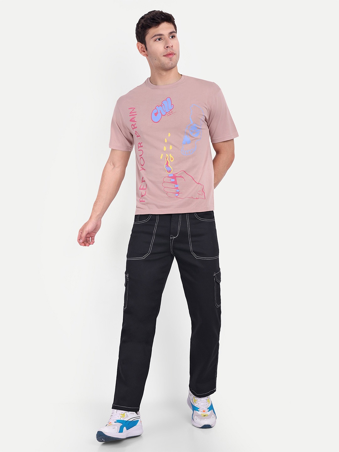 

REPRISE Printed Round Neck Short Sleeves Cotton T-shirt, Peach