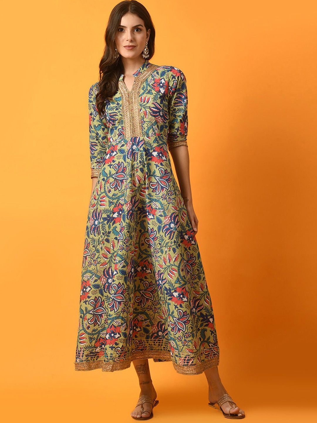 

Sangria Floral Printed Cotton A-Line Midi Ethnic Dress, Cream