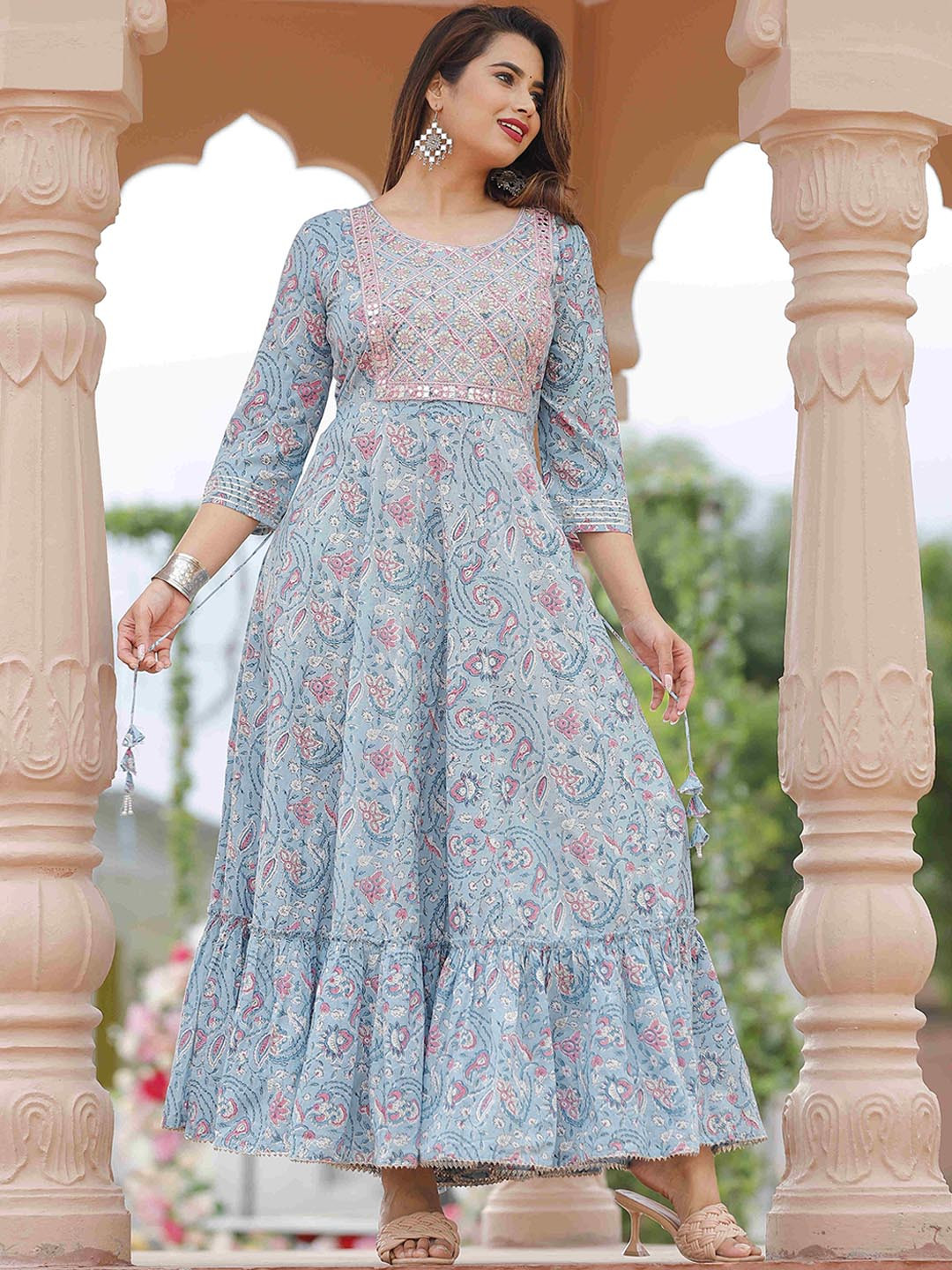 

KALINI Floral Printed Round Neck Thread Work A-Line Kurta, Blue
