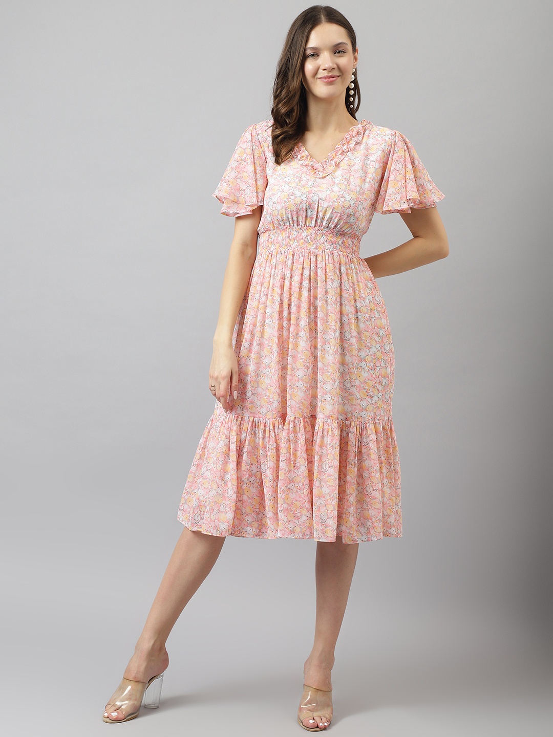 

BAESD Floral Print Flared Sleeve Layered Georgette Fit & Flare Midi Dress, Peach