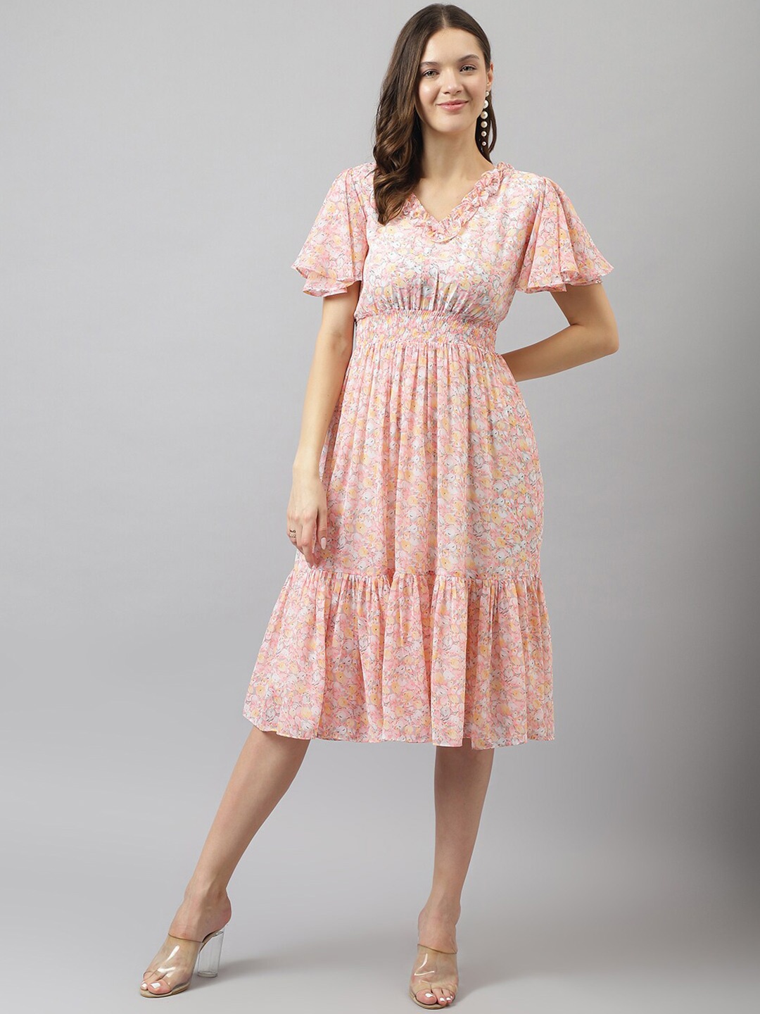 

TOOCHKI Floral Print Flared Sleeve Layered Georgette Fit & Flare Midi Dress, Peach