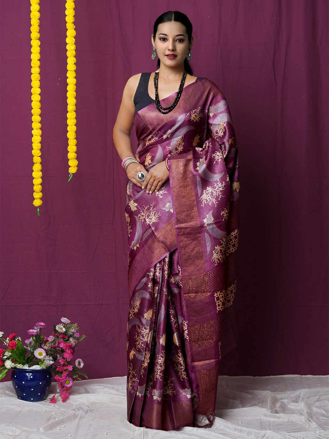 

Unnati Silks Ethnic Motifs Zari Pure Silk Handloom Tussar Saree, Purple