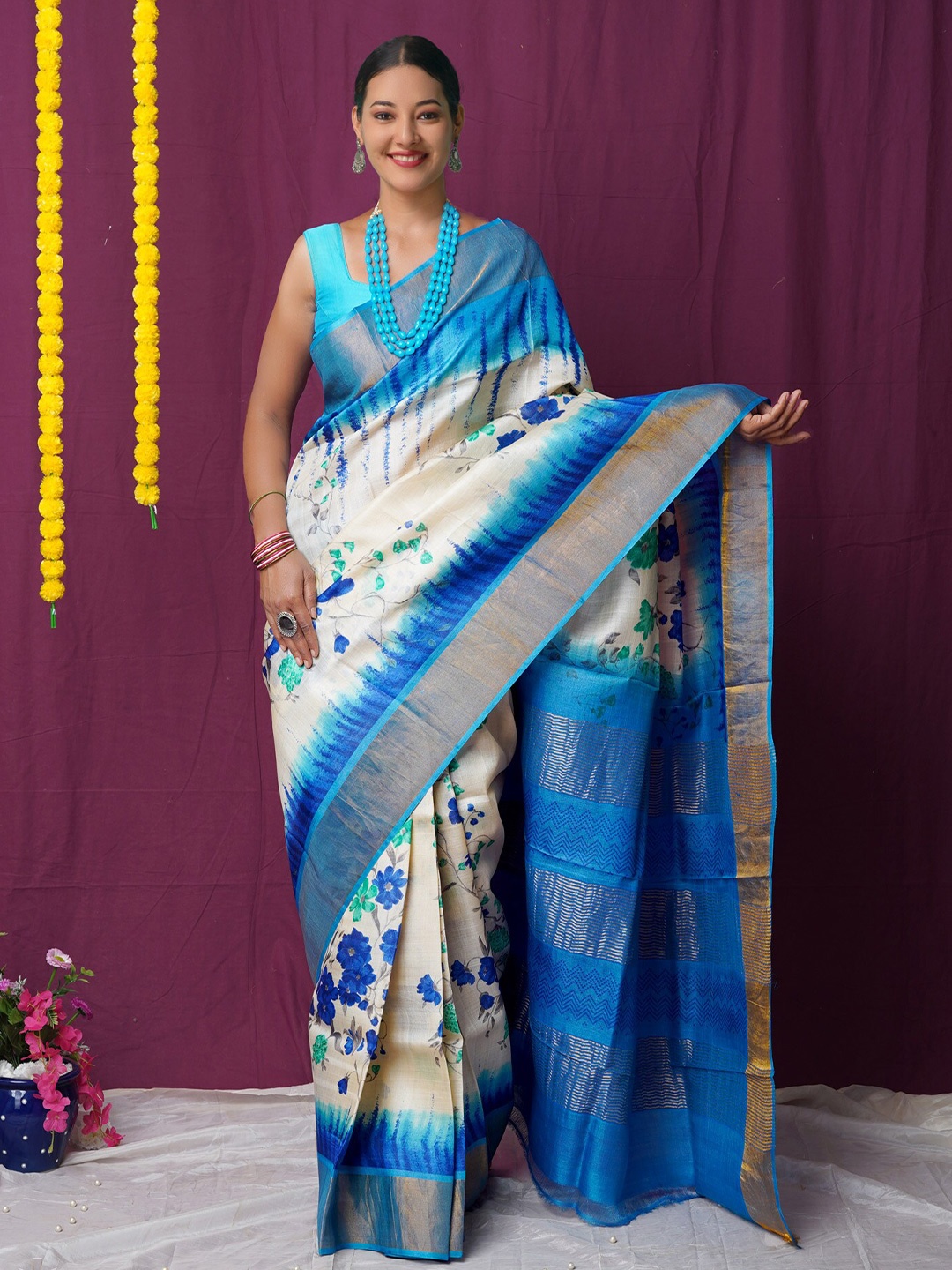 

Unnati Silks Ethnic Motifs Zari Pure Silk Handloom Tussar Saree, Cream