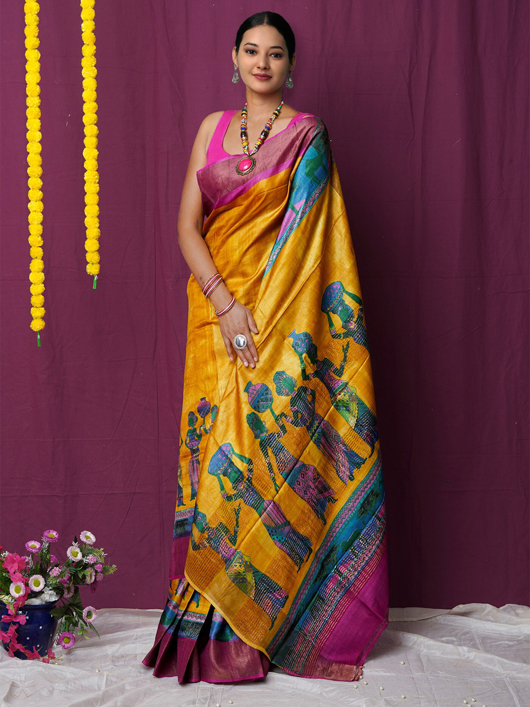 

Unnati Silks Warli Printed Zari Pure Silk Handloom Tussar Saree, Yellow