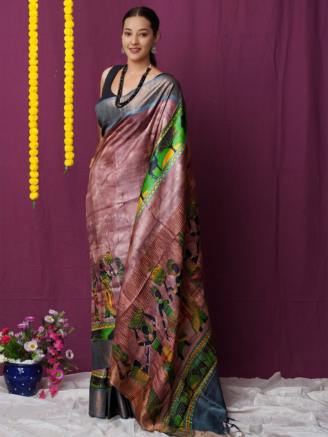 

Unnati Silks Ethnic Motifs Pure Silk Handloom Tussar Saree, Peach