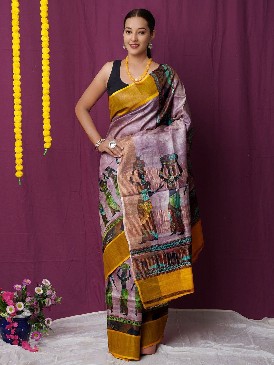 

Unnati Silks Ethnic Motifs Zari Pure Silk Handloom Tussar Saree, Peach
