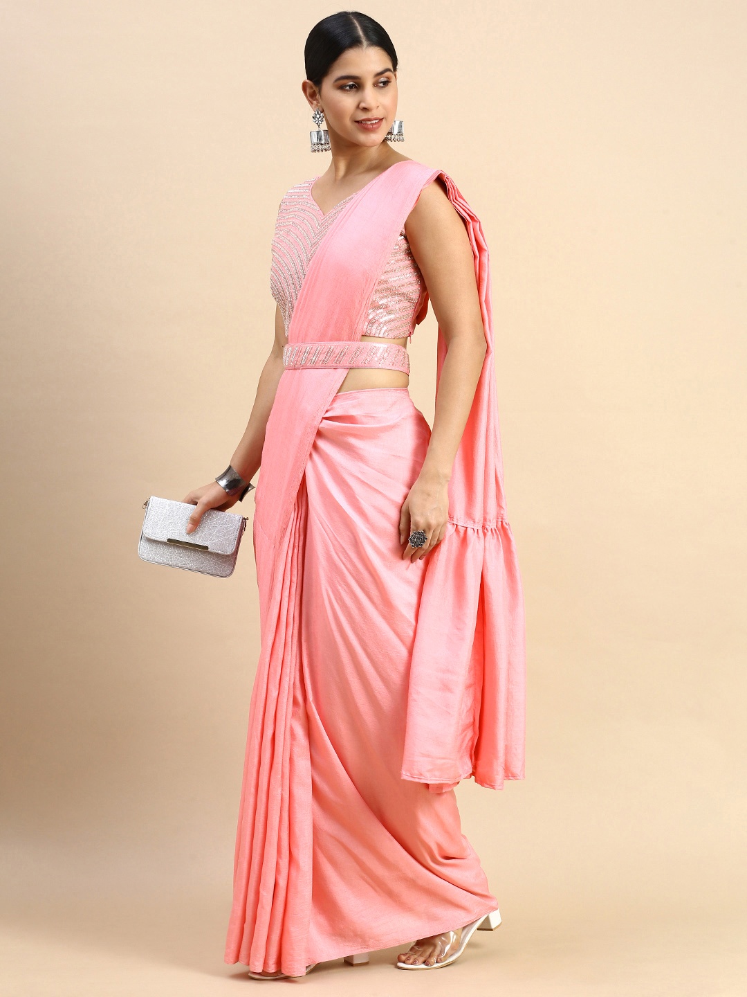 

HERE&NOW Embroidered Pure Chiffon Ready to Wear Saree with Belt, Pink
