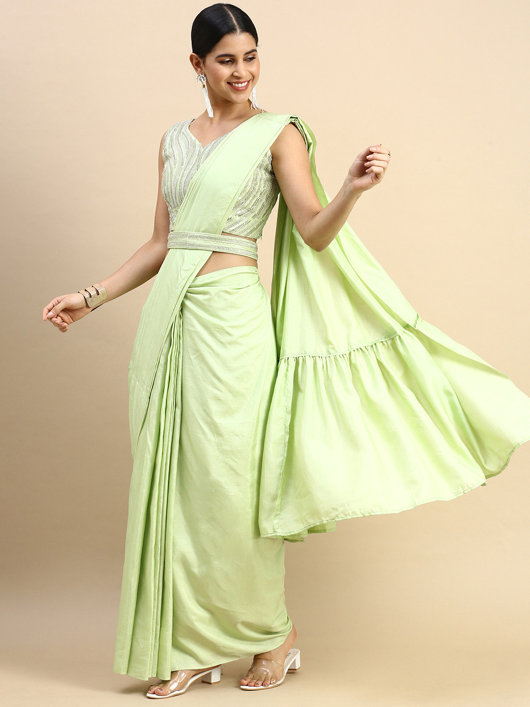 

HERE&NOW Embroidered Pure Chiffon Ready to Wear Saree with Belt, Lime green