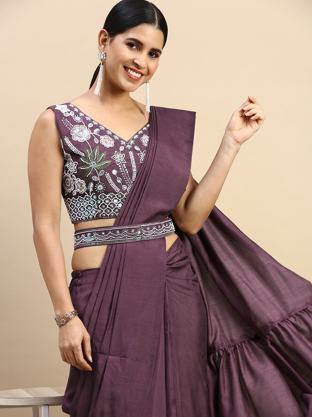 

HERE&NOW Embroidered Pure Chiffon Ready to Wear Saree with Belt, Purple