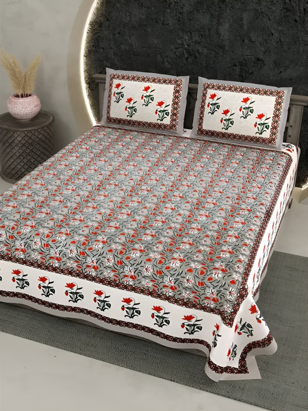 

LIVING ROOTS Grey & White Floral Cotton 300 TC King Bedsheet with 2 Pillow Covers