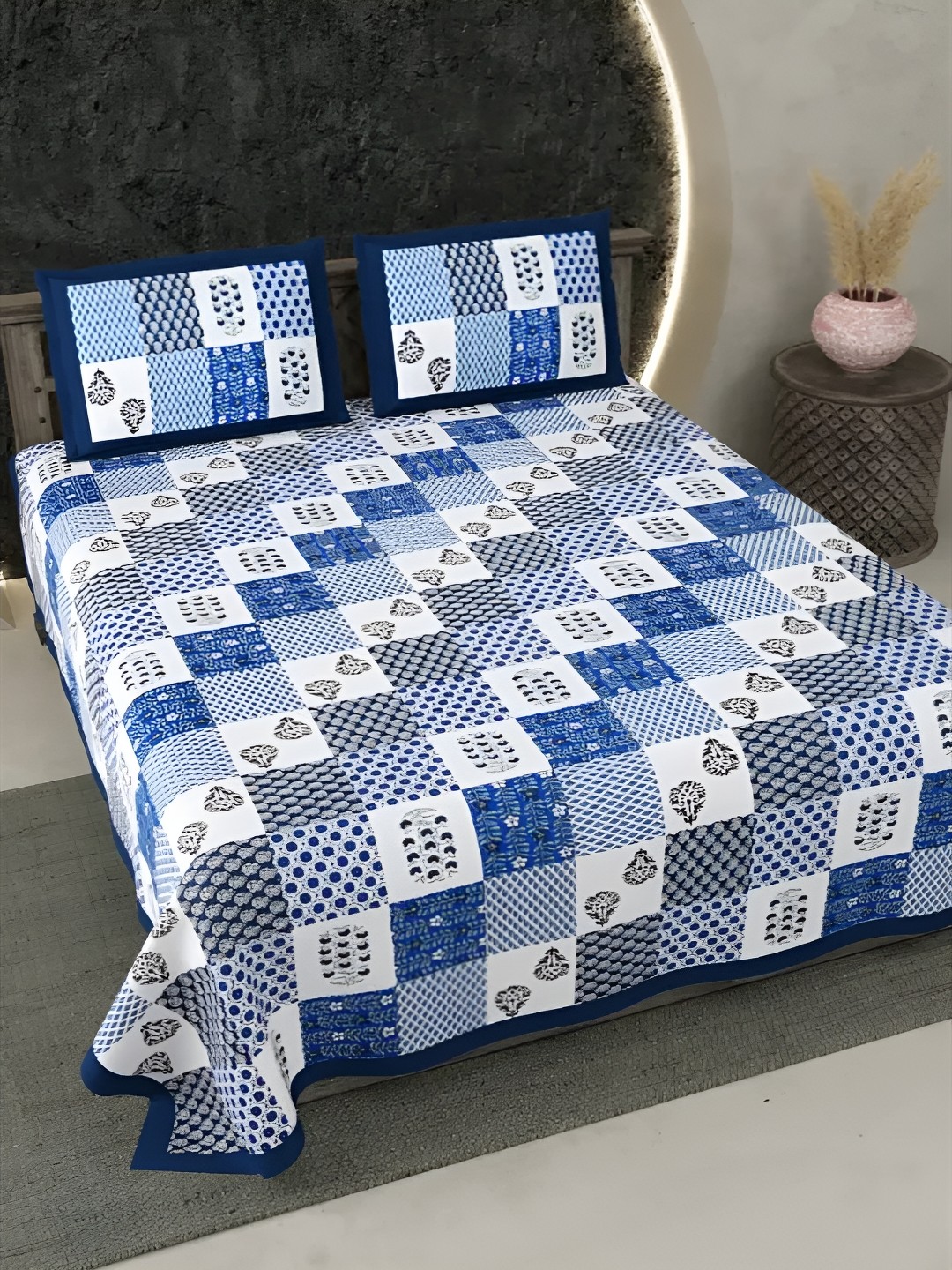 

LIVING ROOTS Super King Size Jaipur Block Print Cotton Double Bedsheet & 2 Pillow Covers, Blue