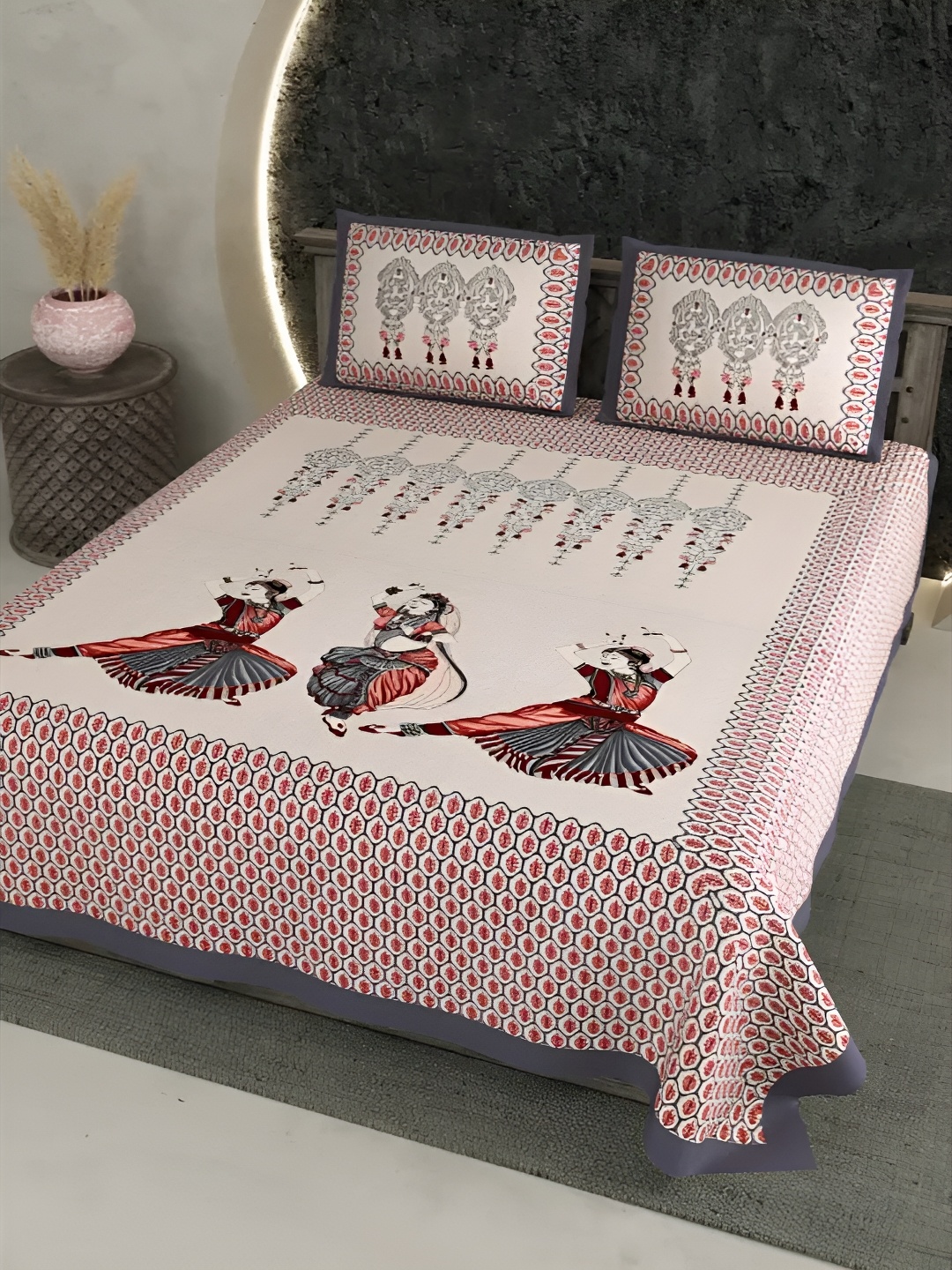 

LIVING ROOTS Grey & Pink Ethnic Motifs Cotton 300 TC King Bedsheet with 2 Pillow Covers