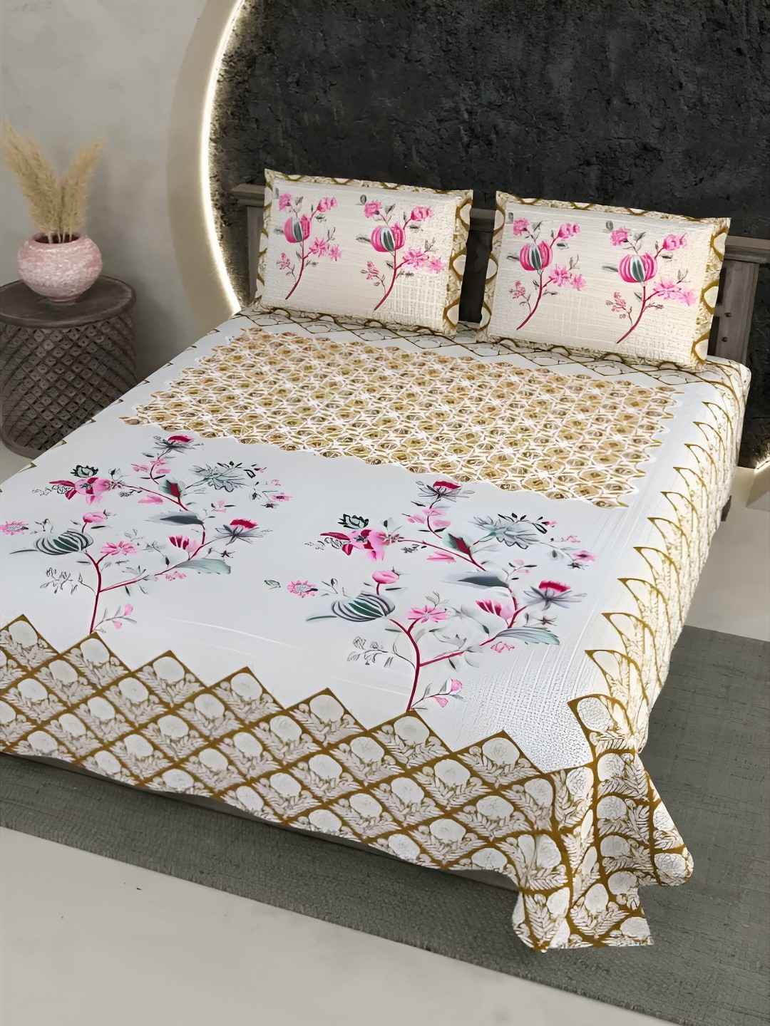 

LIVING ROOTS Beige & Off White Floral Cotton 300 TC King Bedsheet With 2 Pillow Covers