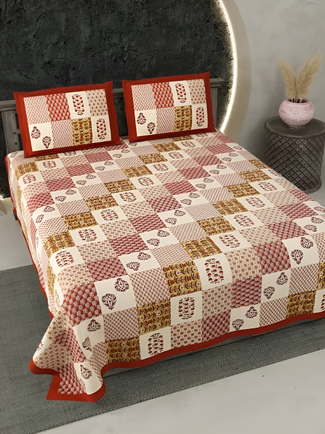 

LIVING ROOTS Super King Size Jaipur Block Print Cotton Double Bedsheet & 2 Pillow Covers, Red