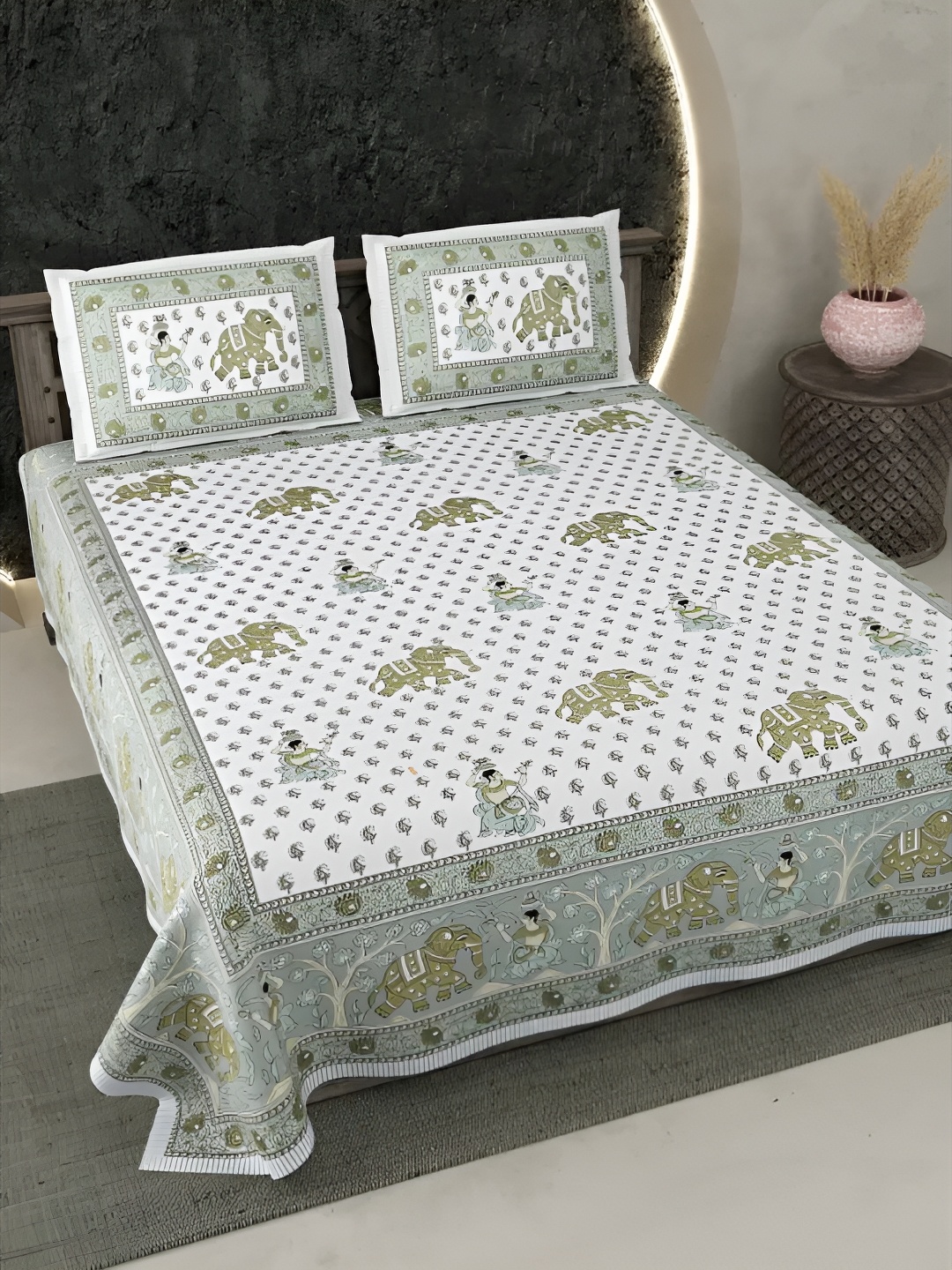 

LIVING ROOTS Super King Size Jaipur Block Print Cotton Double Bedsheet & 2 Pillow Covers, Green