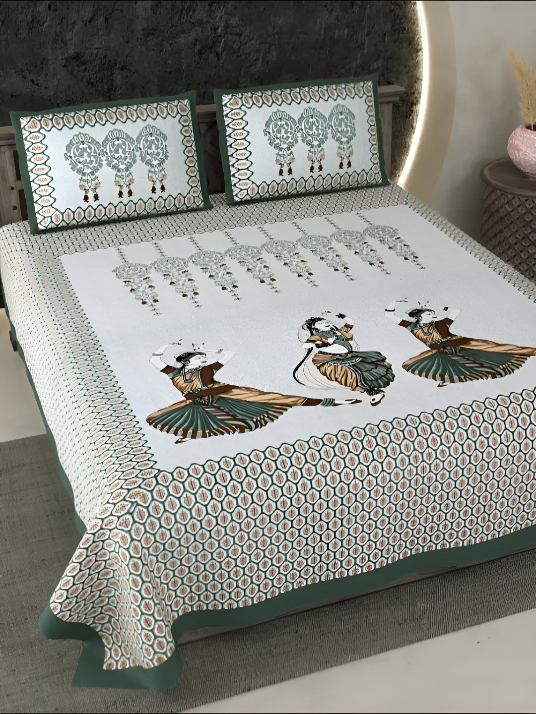 

LIVING ROOTS Green & Grey Ethnic Motifs Cotton 300 TC King Bedsheet With 2 Pillow Covers