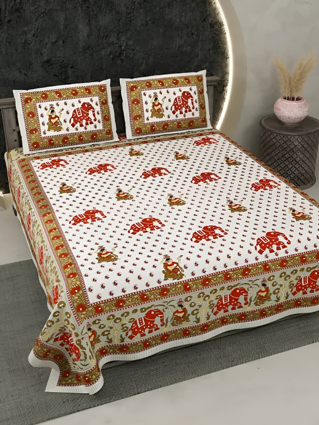 

LIVING ROOTS Super King Size Jaipur Block Print Cotton Double Bedsheet & 2 Pillow Covers, Red
