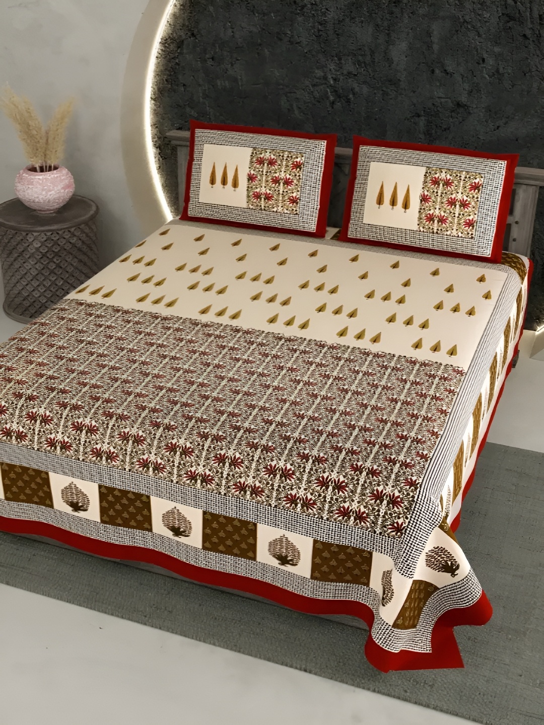 

LIVING ROOTS Super King Size Jaipur Block Print Cotton Double Bedsheet & 2 Pillow Covers, Beige