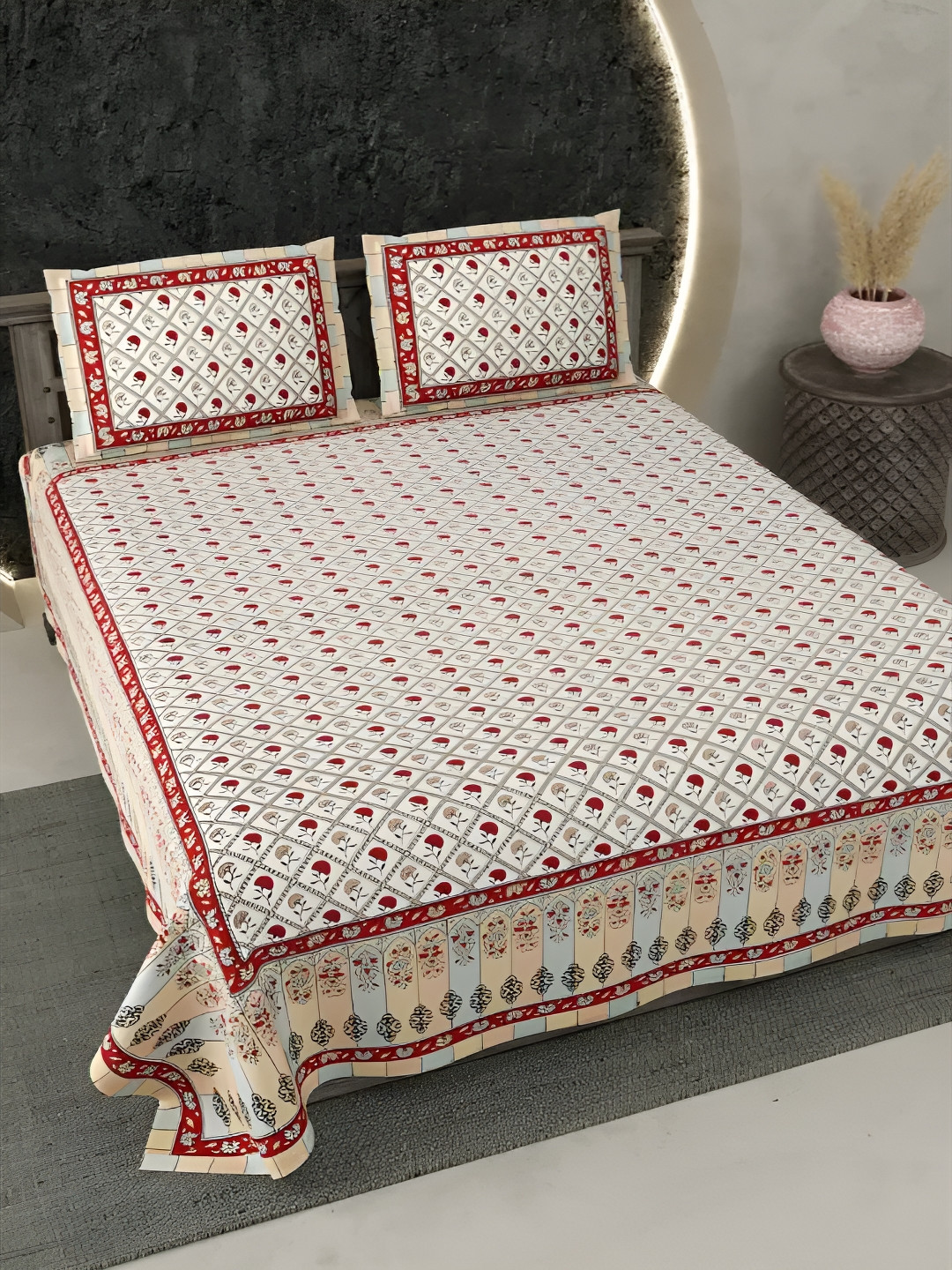 

LIVING ROOTS Super King Size Jaipur Block Print Cotton Double Bedsheet & 2 Pillow Covers, Red