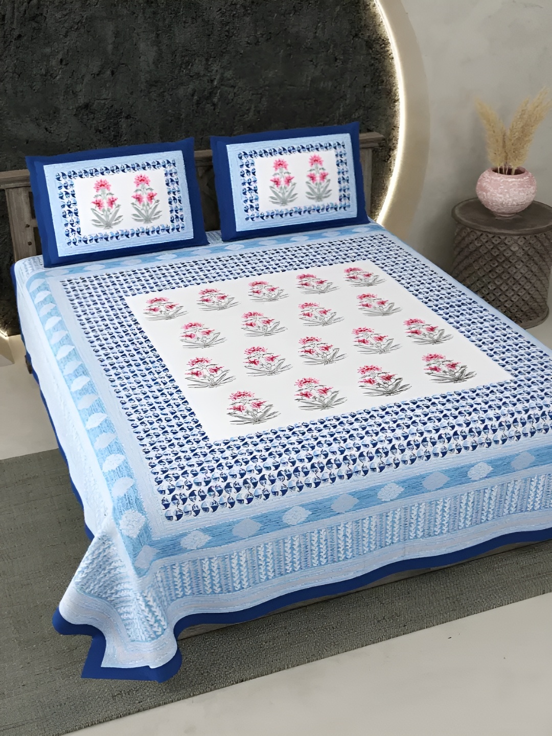 

LIVING ROOTS Super King Size Jaipur Block Print Cotton Double Bedsheet & 2 Pillow Covers, Blue