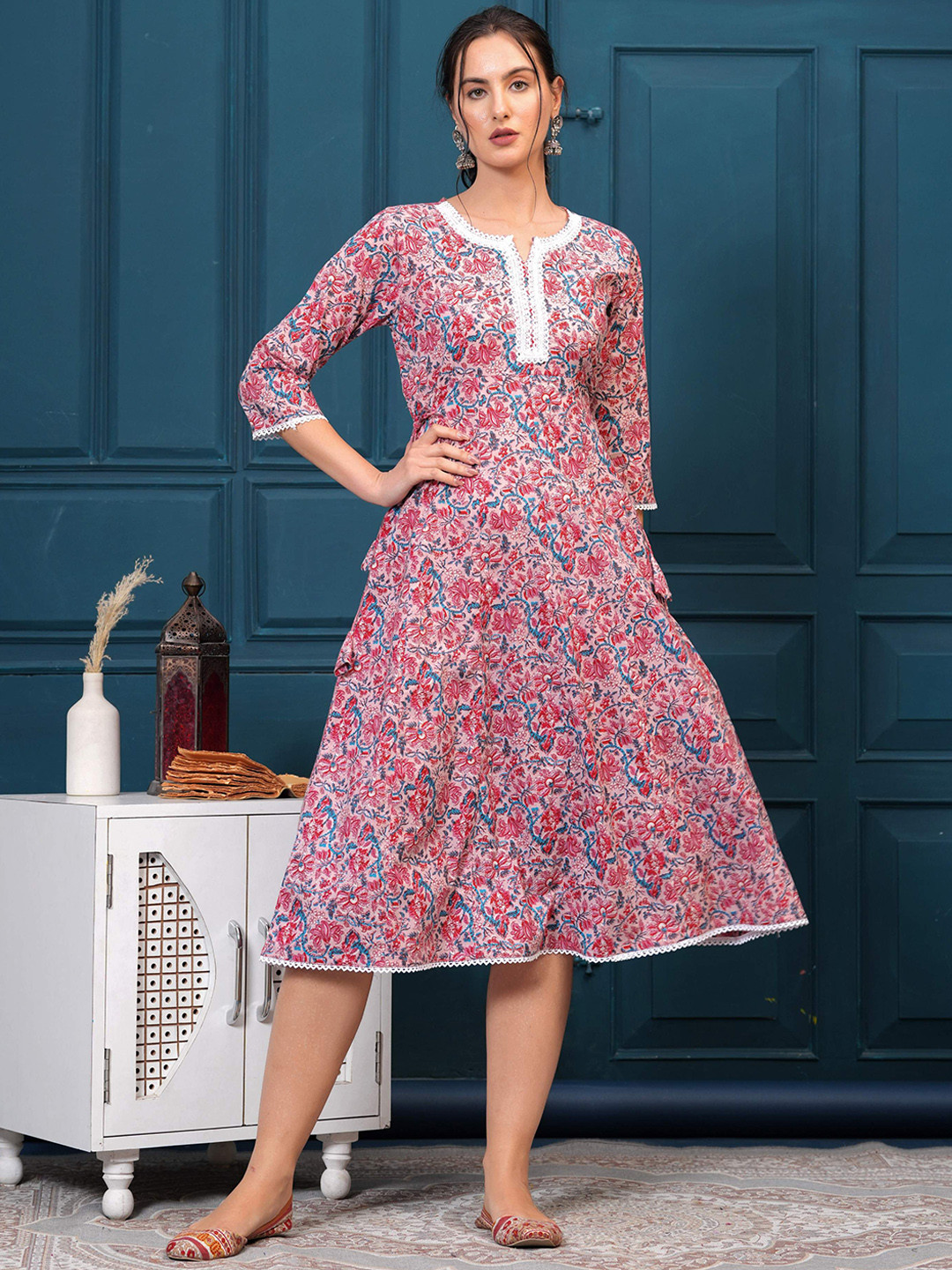 

KALINI Ethnic Motifs Printed Round Neck Cotton A-Line Kurta, Pink