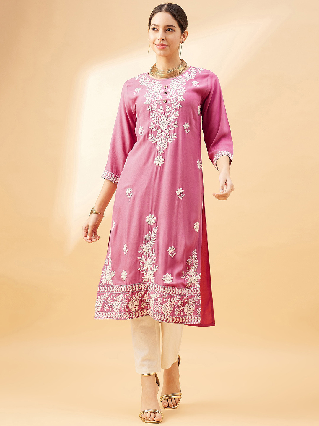 

all about you Pink Ethnic Motifs Embroidered Round Neck Thread Work Straight Kurta