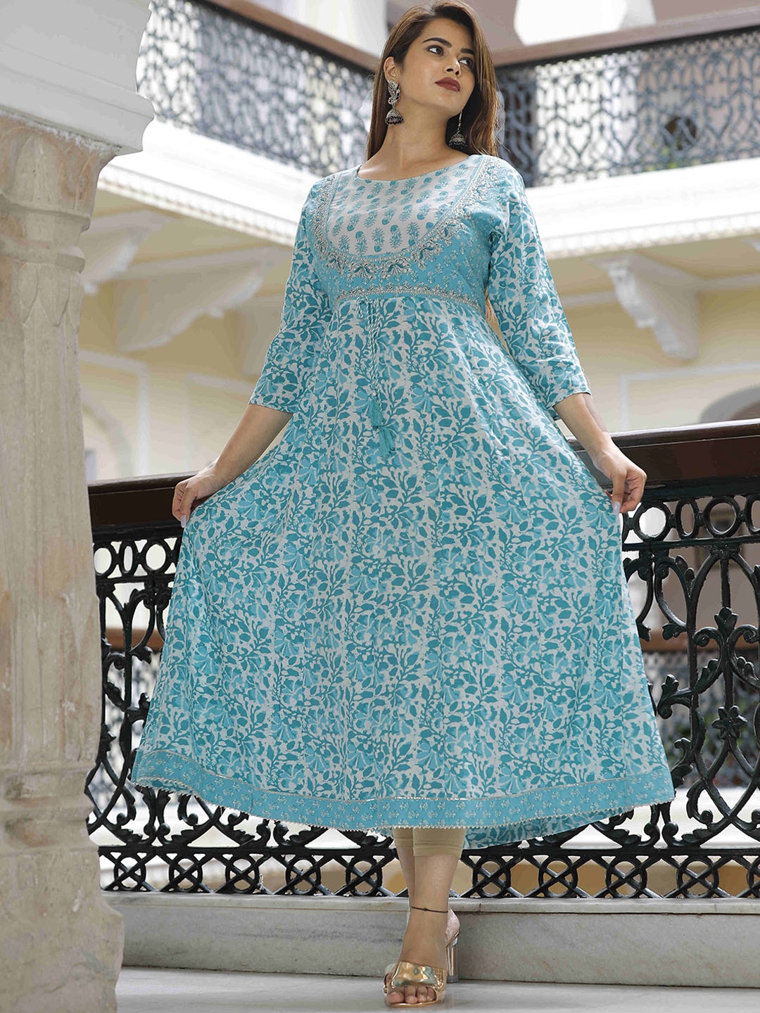 

KALINI Ethnic Motifs Printed Three-Quarter Sleeves Gotta Patti Anarkali Kurta, Blue