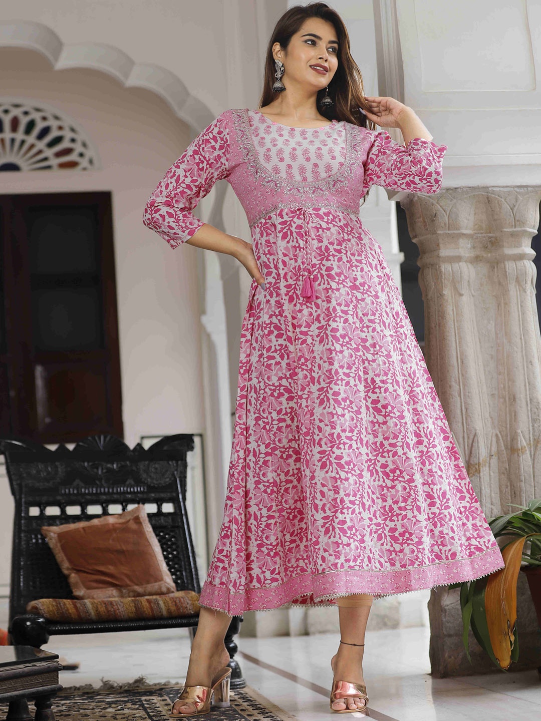 

KALINI Floral Printed Round Neck Anarkali Kurta, Pink